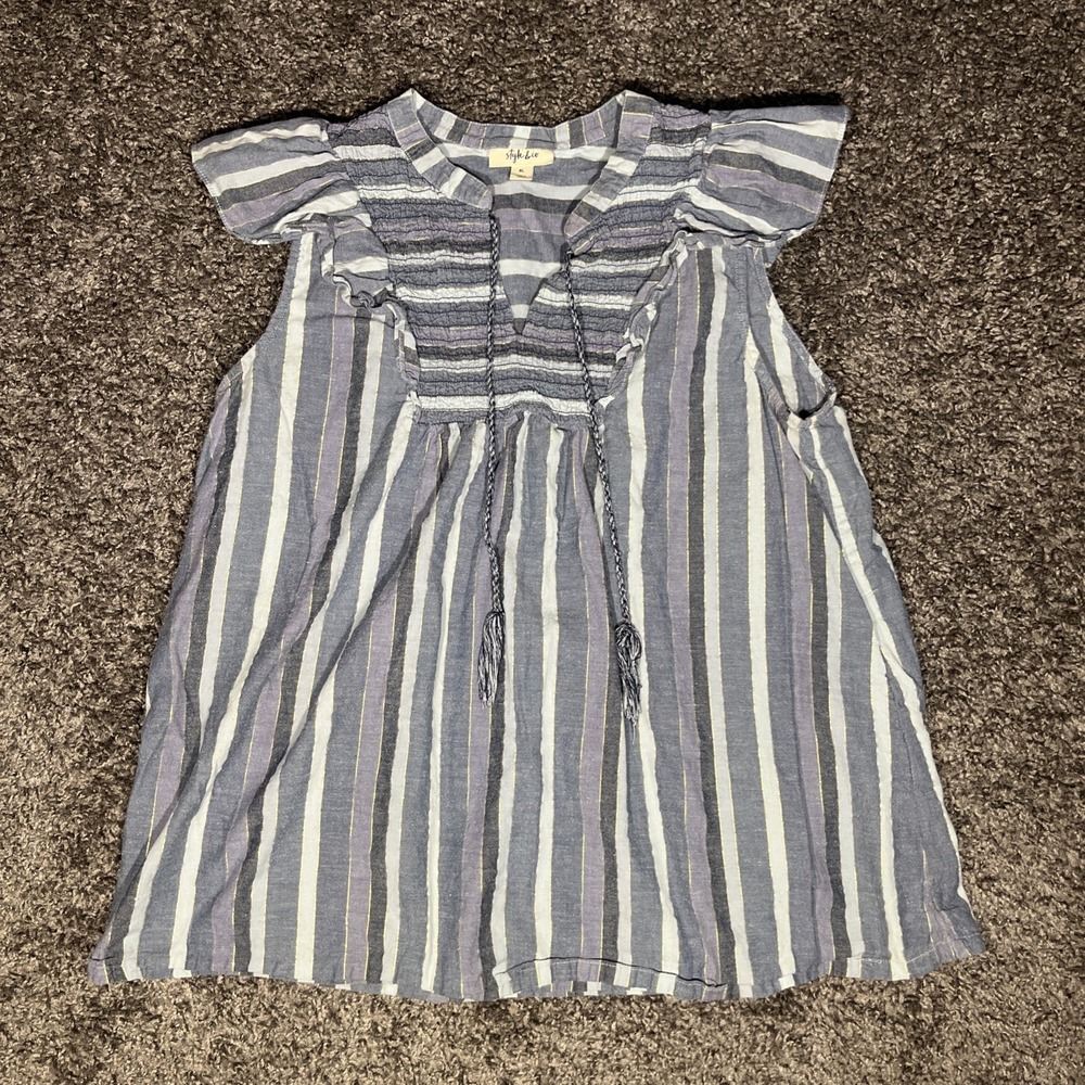 Style &‎ Co Flutter Sleeve Top Womens XL Blue Striped Metallic Tassel Peasant